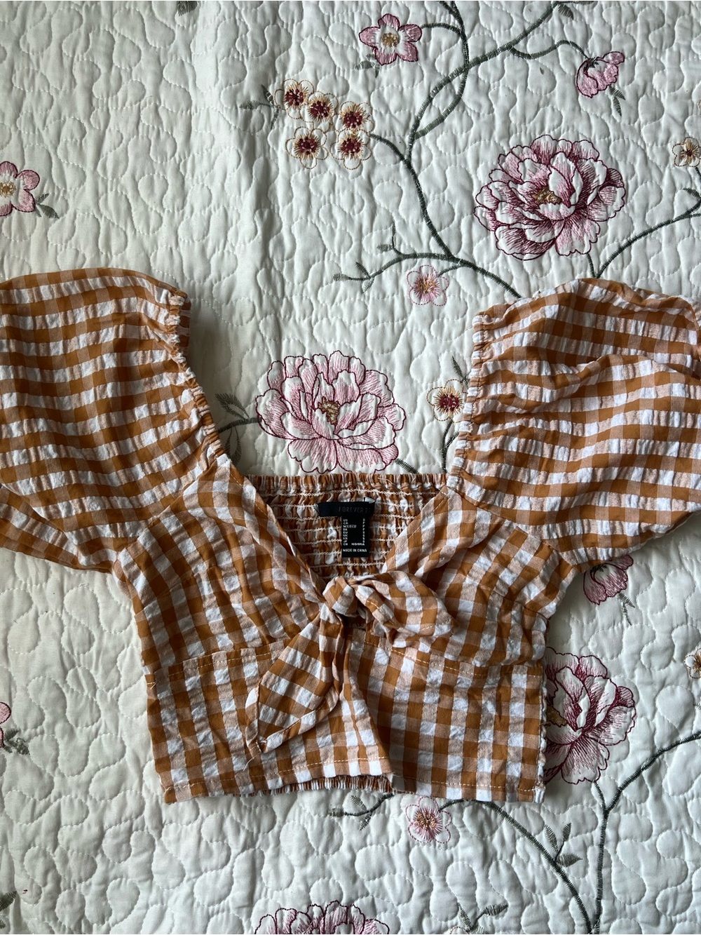 fall Tie-Front Gingham Crop Top - White & Mustard